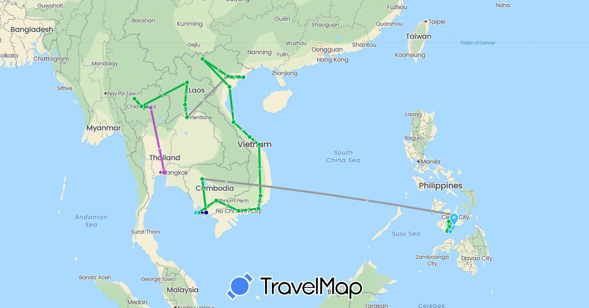 TravelMap itinerary: driving, bus, plane, train, boat in Cambodia, Laos, Philippines, Thailand, Vietnam (Asia)